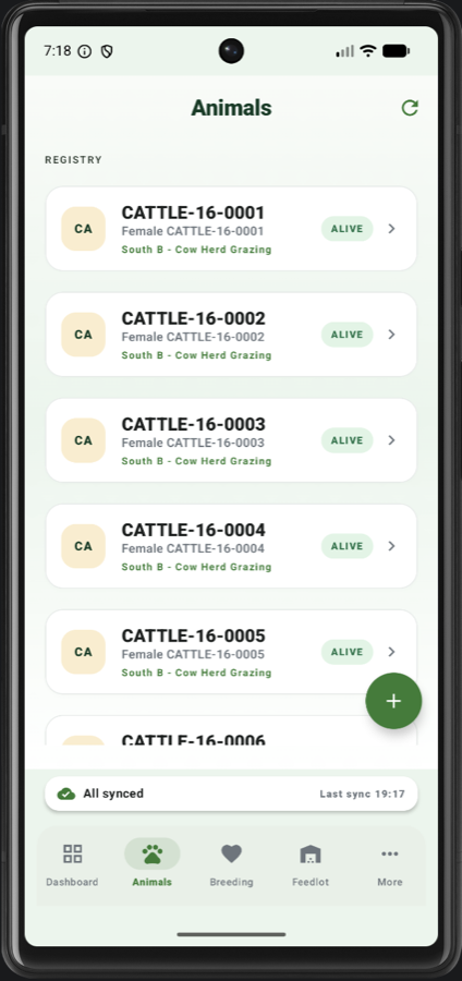 AgriHerd Animals list on phone